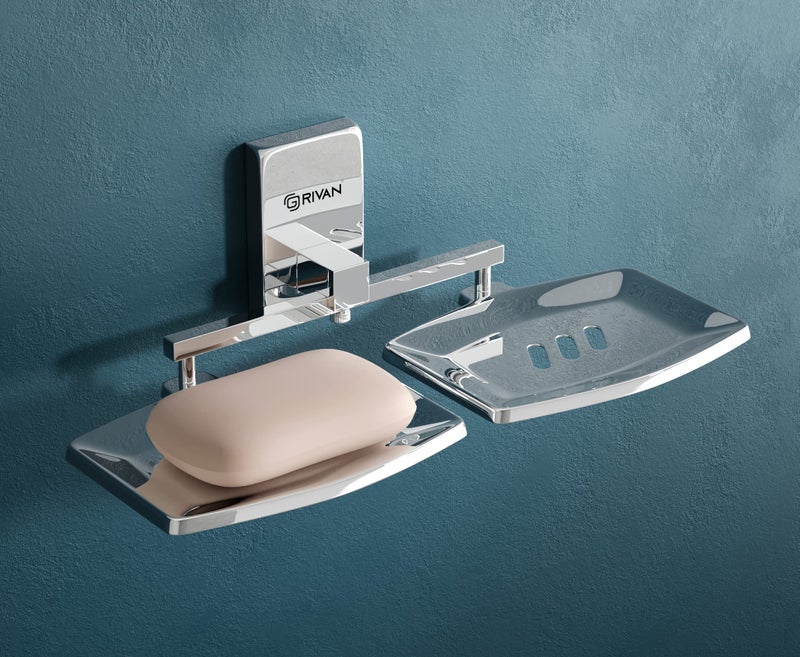 GRIVAN SS 304 Square Shape Wall Mounted Stainless Steel Double Soap Holder, Soap Stands, Soap Case, Soap Dish, Soap Tray for Bathroom Rust Free Chromed Finished - Image 1