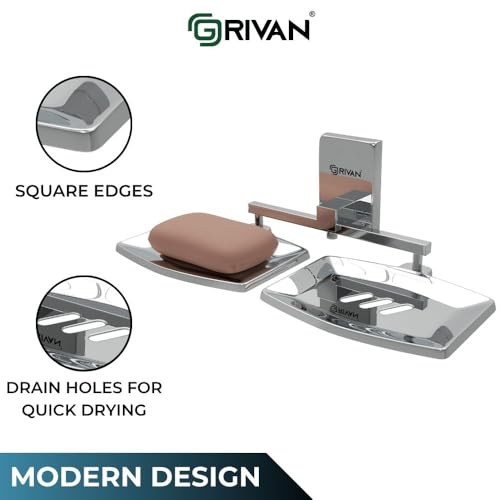 GRIVAN SS 304 Square Shape Wall Mounted Stainless Steel Double Soap Holder, Soap Stands, Soap Case, Soap Dish, Soap Tray for Bathroom Rust Free Chromed Finished - Image 3