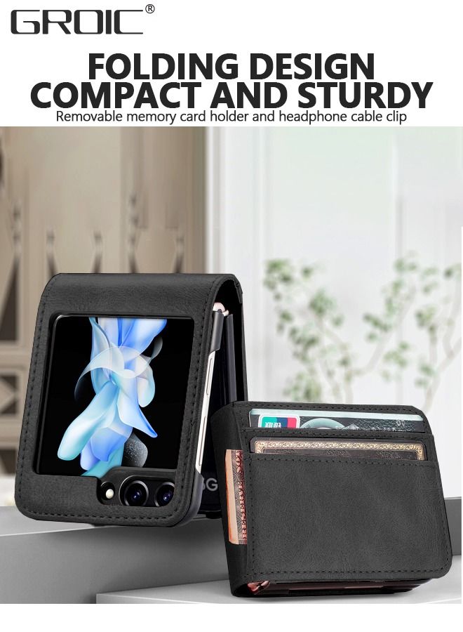 GROIC حافظات لهاتف Galaxy Z Flip 5 حافظة سوداء، نمط عمل فاخر من جلد البولي يوريثان Galaxy Z Flip 5 حامل بطاقات مناسب للنساء والرجال حافظة هاتف واقية لهاتف Samsung Galaxy Z Flip 5 5G 2023 - Image 4