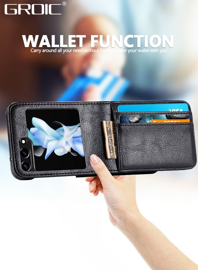 GROIC حافظات لهاتف Galaxy Z Flip 5 حافظة سوداء، نمط عمل فاخر من جلد البولي يوريثان Galaxy Z Flip 5 حامل بطاقات مناسب للنساء والرجال حافظة هاتف واقية لهاتف Samsung Galaxy Z Flip 5 5G 2023 - Image 2