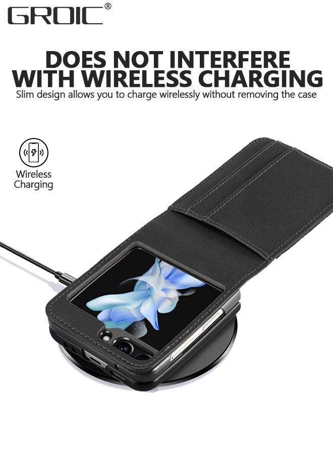 GROIC حافظات لهاتف Galaxy Z Flip 5 حافظة سوداء، نمط عمل فاخر من جلد البولي يوريثان Galaxy Z Flip 5 حامل بطاقات مناسب للنساء والرجال حافظة هاتف واقية لهاتف Samsung Galaxy Z Flip 5 5G 2023 - Image 5