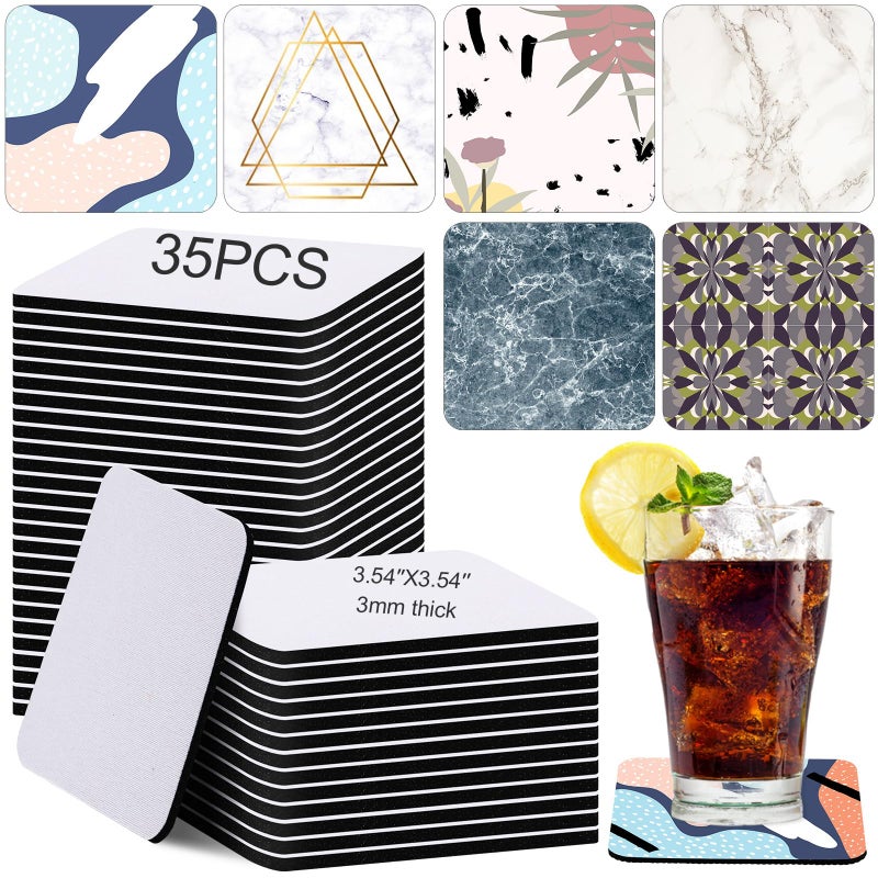 Cunhill 35 Pieces Square Sublimation Blanks Coasters Bulk 354 x 354 Inch Waterproof Neoprene Blank Cup Mat Rubber Coasters for Sublimation Transfer Heat Press Printing DIY Crafts
