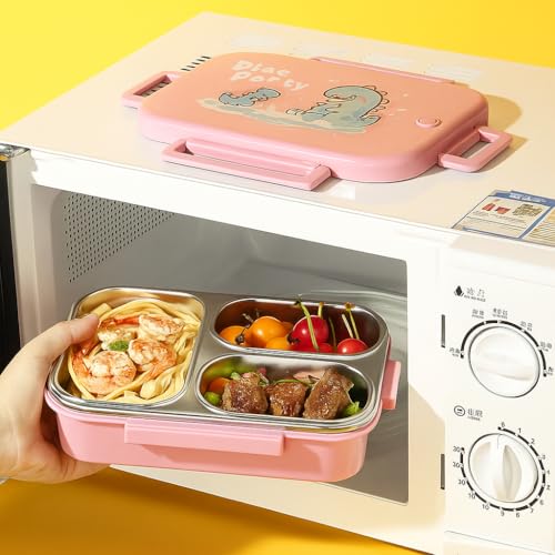 QLECT Printed Dino Party Stainless Steel Lunch Box for Kids Adults, Insulation Keeps Food Warm,Food Grade Bpa Free,3 Compartments with Locking Lid & Steam Valve,Spill Leak Proof|1000Ml Green - Image 2