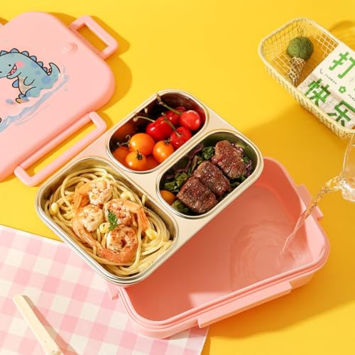 QLECT Printed Dino Party Stainless Steel Lunch Box for Kids Adults, Insulation Keeps Food Warm,Food Grade Bpa Free,3 Compartments with Locking Lid & Steam Valve,Spill Leak Proof|1000Ml Green - Image 4