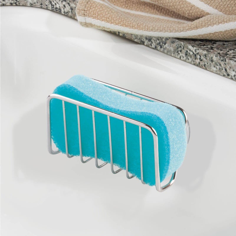 mDesign Metal Sponge Holder for Kitchen Sink with Suction Cups - Small Holder for Sponges in the Kitchen or Soap Holder in the Bathroom - Quick Drying Open Wire Basket - Ronde Collection - Chrome - Image 3