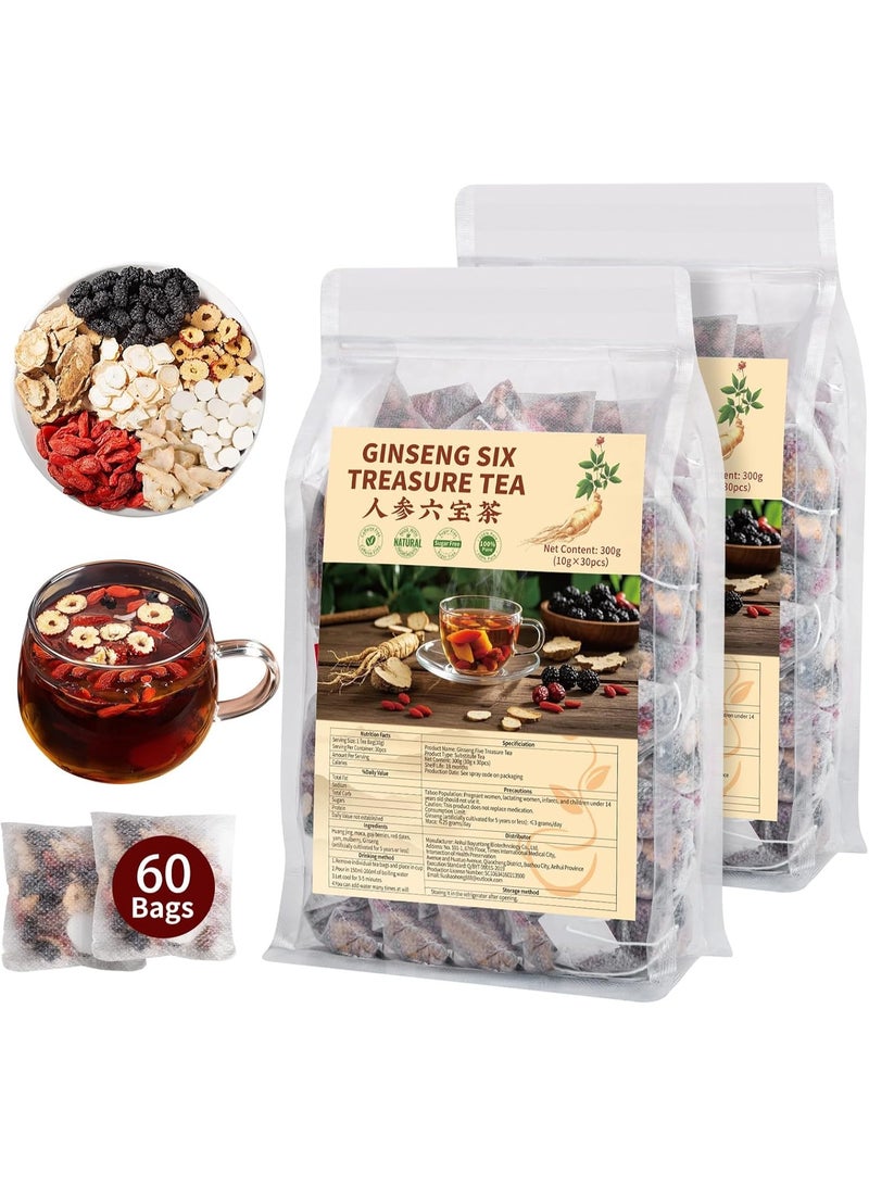 Kidney Tea Formula Ginseng Six Treasure Tea - Natural Chinese Traditional Herbal Ginseng Five Treasures Kidney Detox Cleanse Teabag For Men Women (60 Bags/2 Pack)