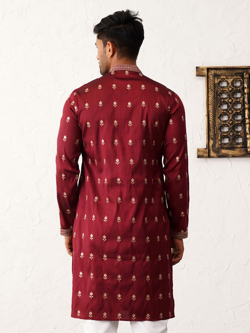 Jompers Men's Chikankari Embroidered Kurta in Rich Maroon - Image 2