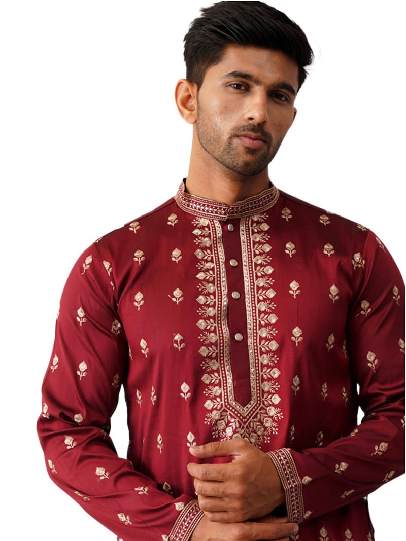 Jompers Men's Chikankari Embroidered Kurta in Rich Maroon - Image 1