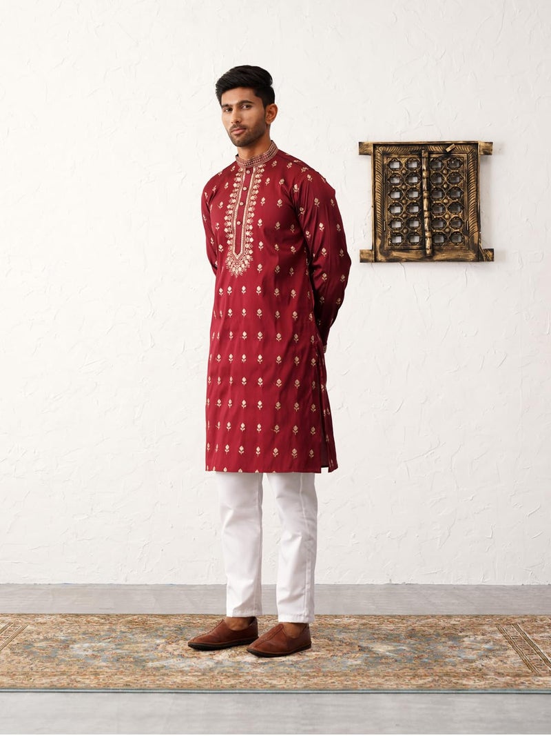 Jompers Men's Chikankari Embroidered Kurta in Rich Maroon - Image 3