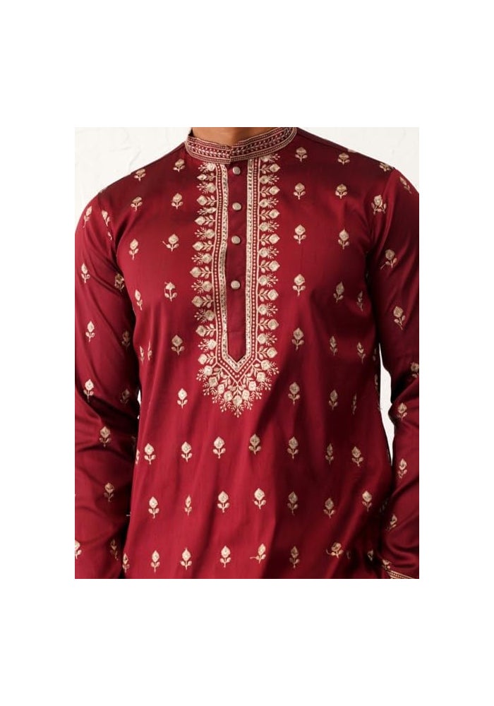 Jompers Men's Chikankari Embroidered Kurta in Rich Maroon - Image 5