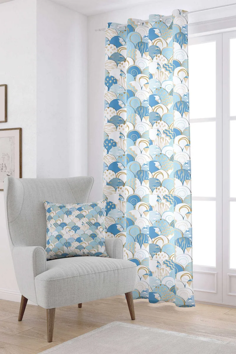 كانغو هوم White Blue Modern Decorative Patterned Digital Printed Curtain CGH603-PR