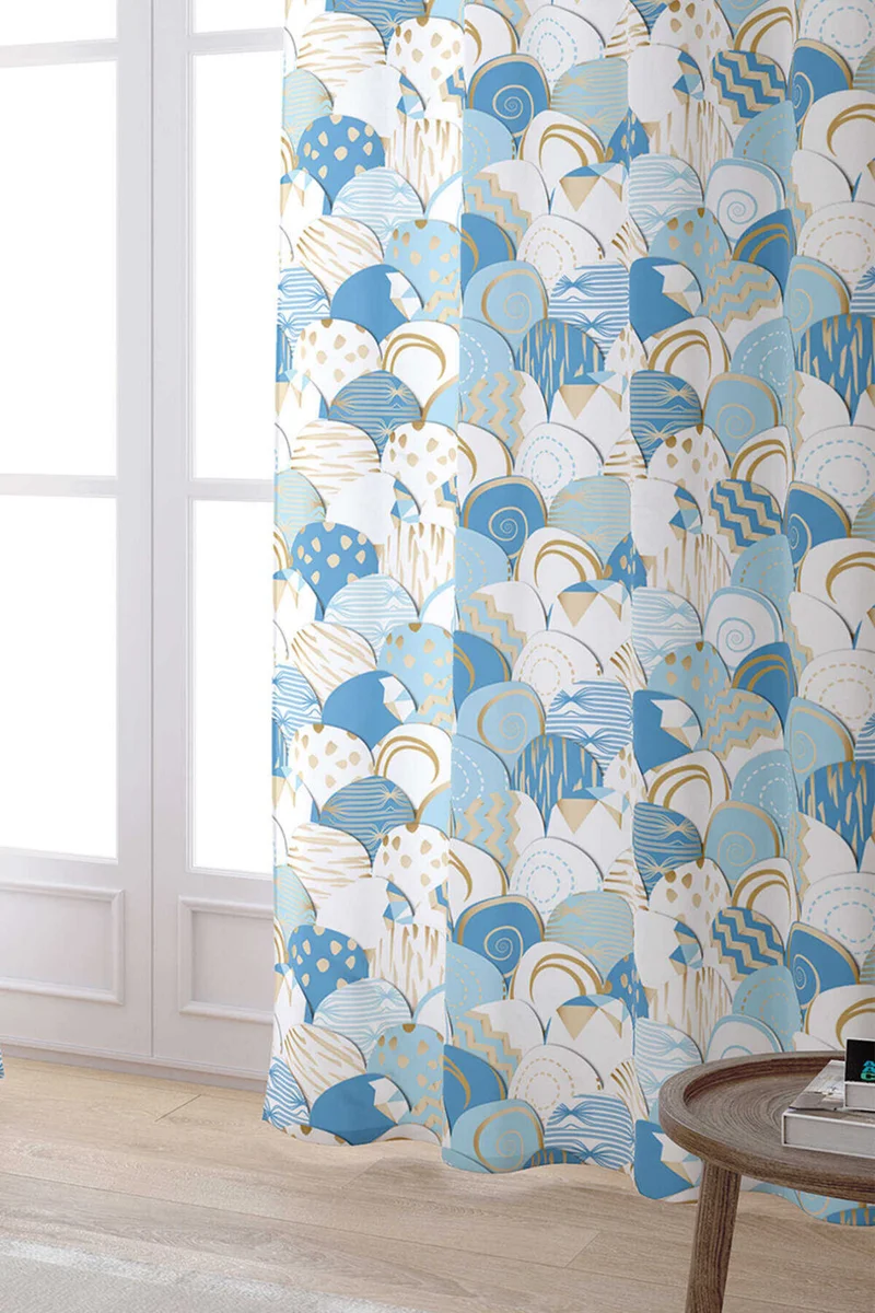 كانغو هوم White Blue Modern Decorative Patterned Digital Printed Curtain CGH603-PR