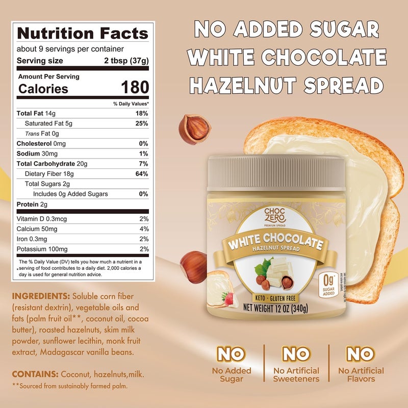 ChocZero Keto White Chocolate Hazelnut Spread - 12 oz Jar, No Sugar Added, Gluten Free, Naturally Sweetened with Monk Fruit - Image 2