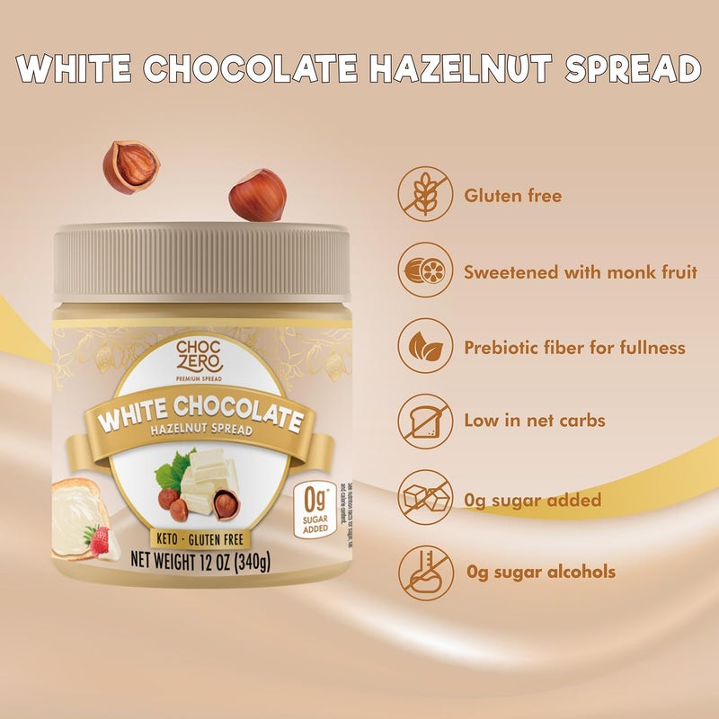 ChocZero Keto White Chocolate Hazelnut Spread - 12 oz Jar, No Sugar Added, Gluten Free, Naturally Sweetened with Monk Fruit - Image 3