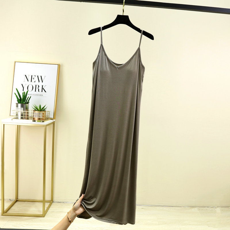 Womens One-piece V-neck Sling Base Skirt with Chest Pad Summer Long Nightgown Home Skirt Outer Wearing Dress gray green