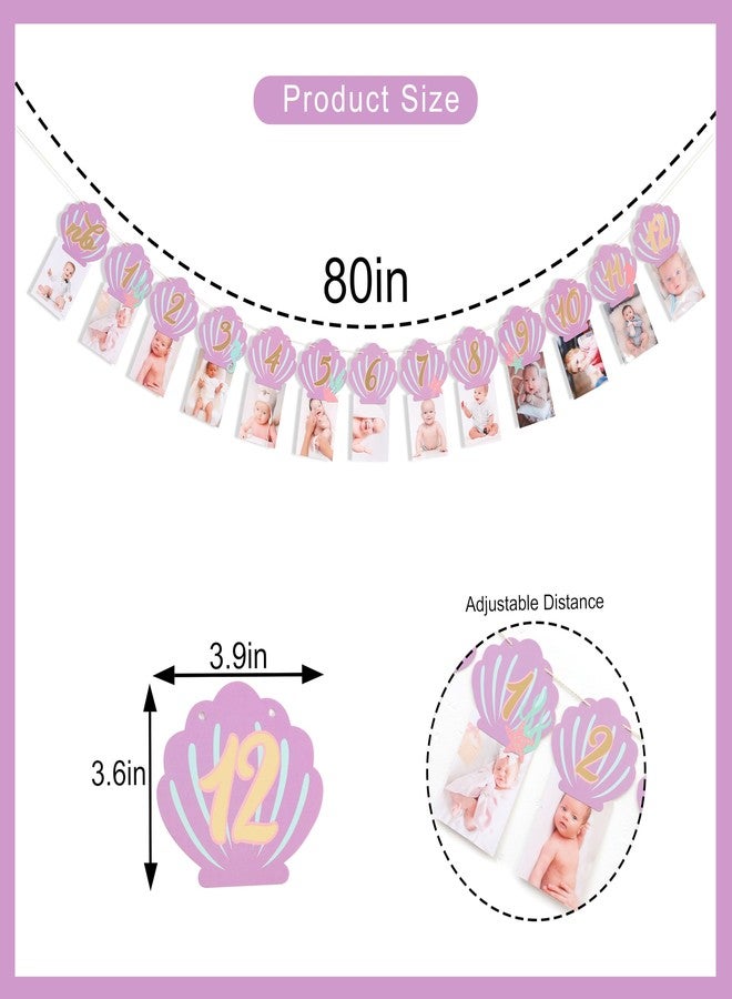 HIKLO Mermaid Monthly Milestone Photo Banner - Under the Sea First Birthday Photo Banner, Purple First Birthday Party Decorations for Girl, Seashell Newborn to 12 Months Photo Garland, Ocean Birthday Cake Smash Photo Props Backdrop - Image 2