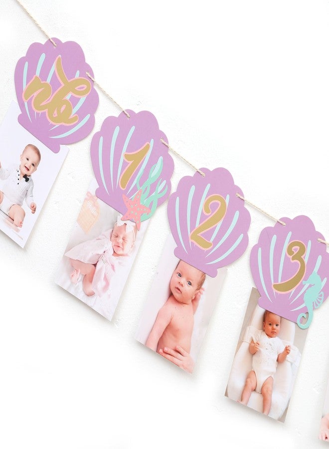 HIKLO Mermaid Monthly Milestone Photo Banner - Under the Sea First Birthday Photo Banner, Purple First Birthday Party Decorations for Girl, Seashell Newborn to 12 Months Photo Garland, Ocean Birthday Cake Smash Photo Props Backdrop - Image 1