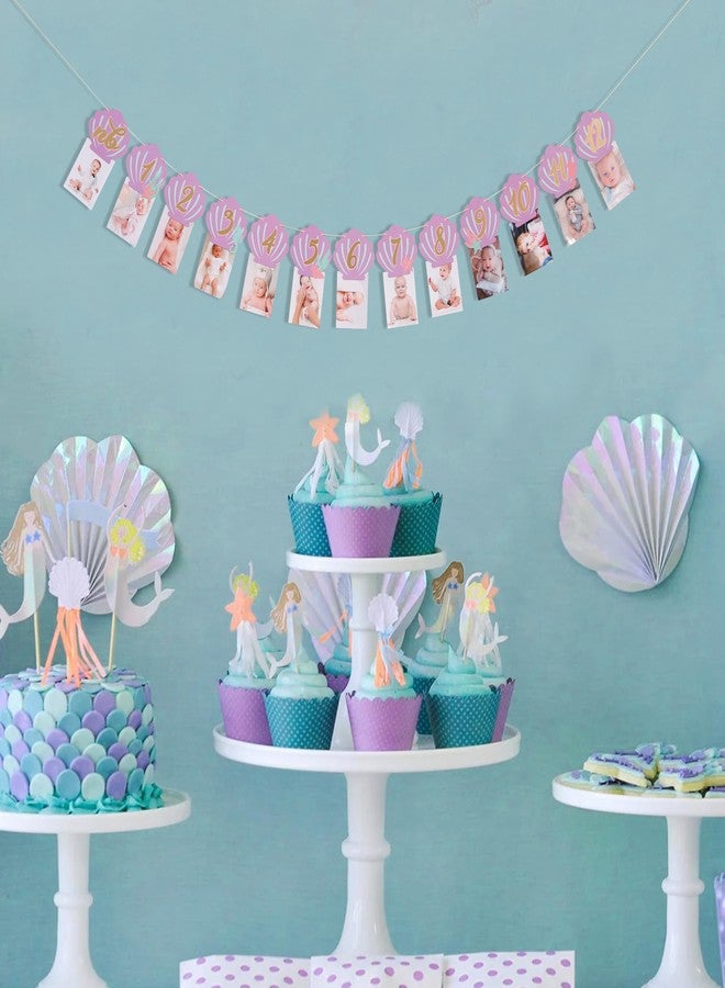 HIKLO Mermaid Monthly Milestone Photo Banner - Under the Sea First Birthday Photo Banner, Purple First Birthday Party Decorations for Girl, Seashell Newborn to 12 Months Photo Garland, Ocean Birthday Cake Smash Photo Props Backdrop - Image 3