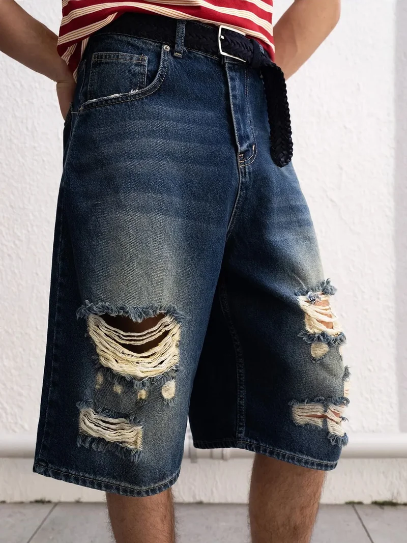 جيستو GIESTO Destroyed Denim Wide Leg Midi Shorts