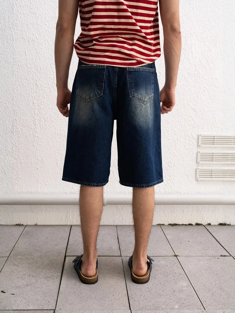 Giesto Maya Blue GIESTO Destroyed Denim Wide Leg Midi Shorts for Men | Best Price UAE