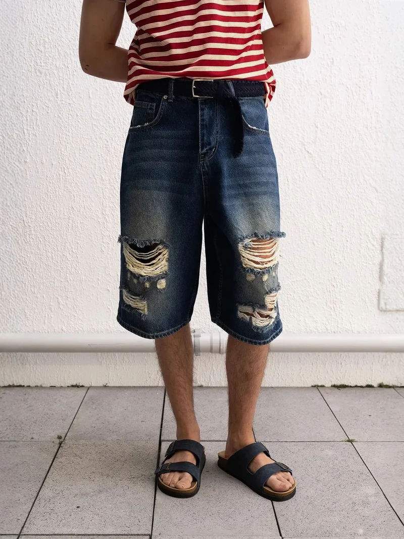 جيستو GIESTO Destroyed Denim Wide Leg Midi Shorts