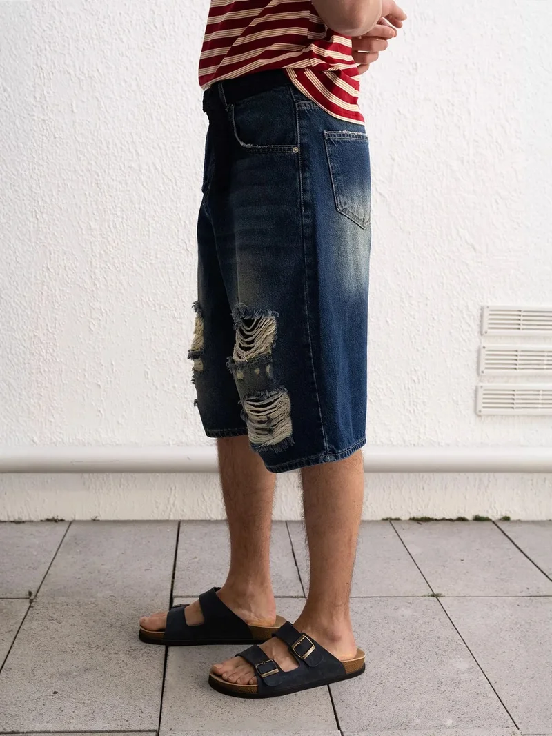 Giesto Maya Blue GIESTO Destroyed Denim Wide Leg Midi Shorts for Men | Best Price UAE
