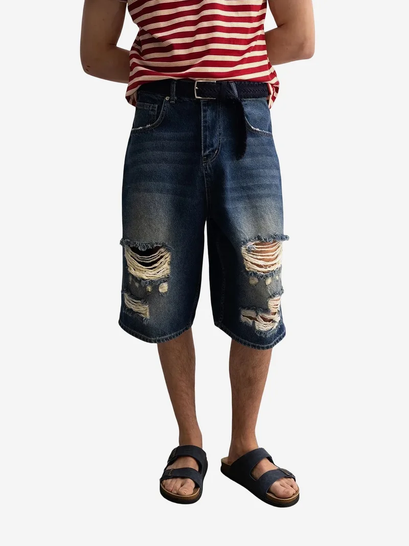 Giesto GIESTO Destroyed Denim Wide Leg Midi Shorts