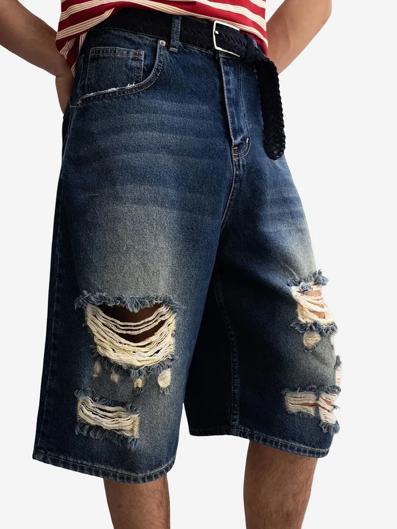 Giesto GIESTO Destroyed Denim Wide Leg Midi Shorts
