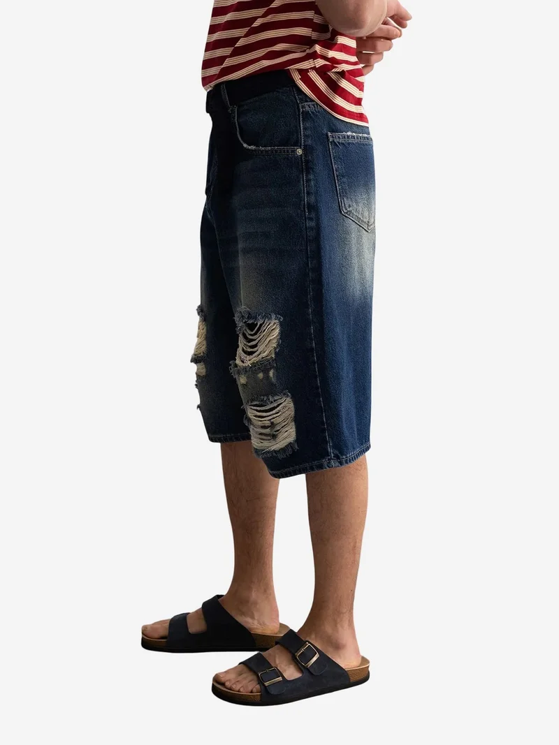 Giesto Maya Blue GIESTO Destroyed Denim Wide Leg Midi Shorts for Men | Best Price UAE
