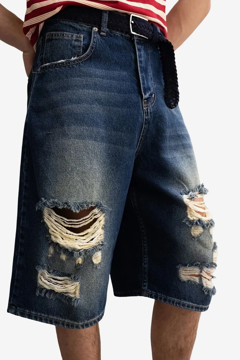 Giesto Maya Blue GIESTO Destroyed Denim Wide Leg Midi Shorts for Men | Best Price UAE