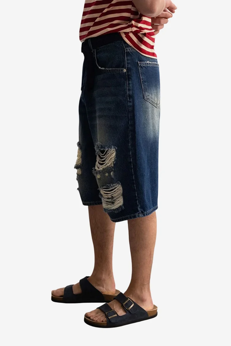 Giesto Maya Blue GIESTO Destroyed Denim Wide Leg Midi Shorts for Men | Best Price UAE