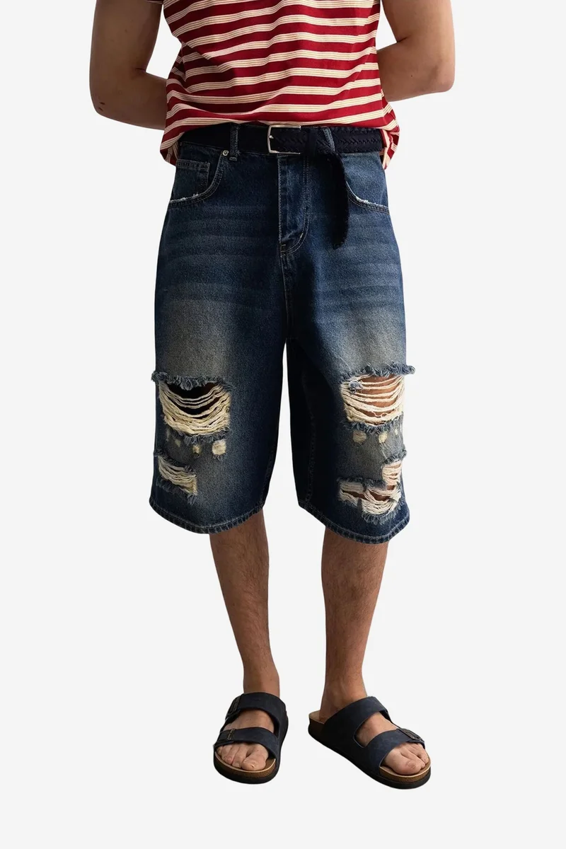 GIESTO Destroyed Denim Wide Leg Midi Shorts