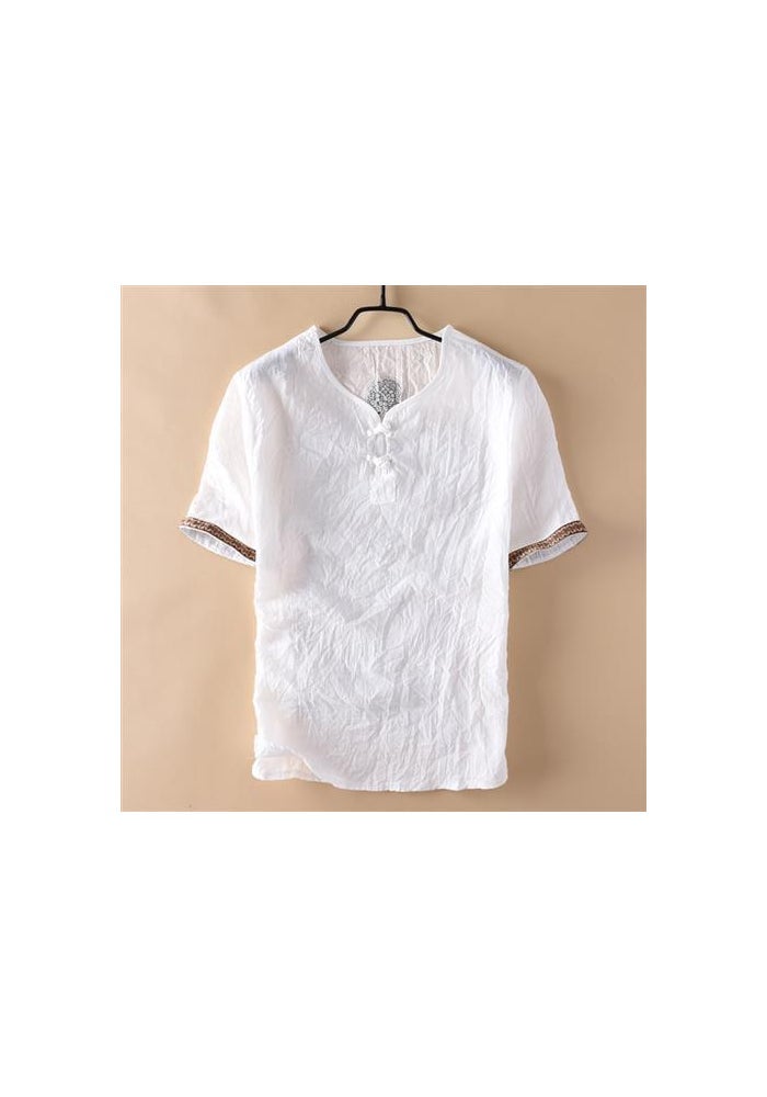 Summer New Chinese Style Men's Faux Linen Cotton Thin Short-sleeved T-shirt Men's Chinese Style Button Ethnic Retro Style - Image 1