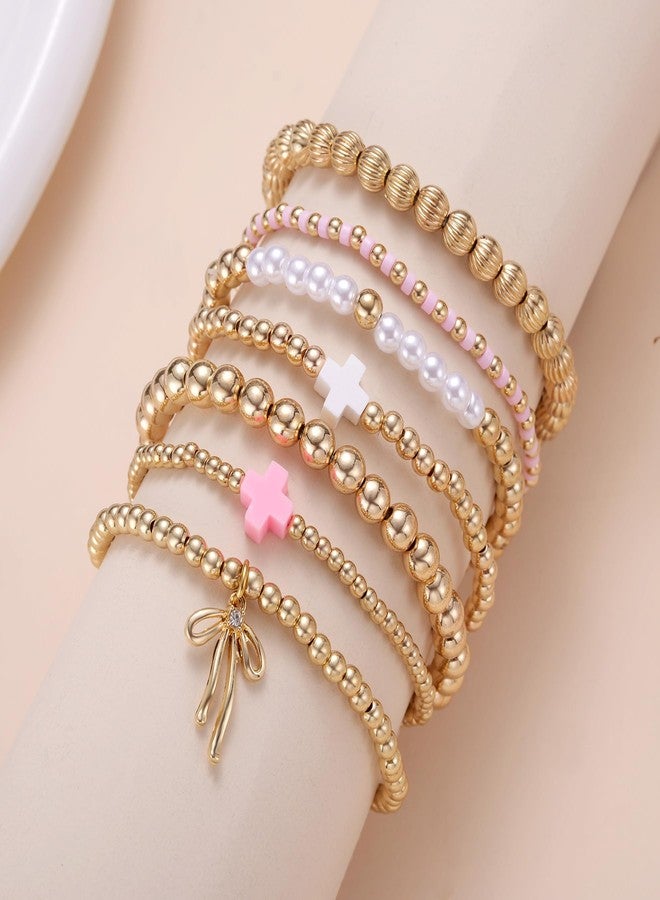 MIXJOY 7 Pcs Gold Beaded Bracelet Set for Women - Dainty Multi Strand Bracelets, Pink White Cross Layering Jewelry Gifts for Easter Basket, Stretch Boho Bracelet for Summer Beach Valentine's Day - Image 2