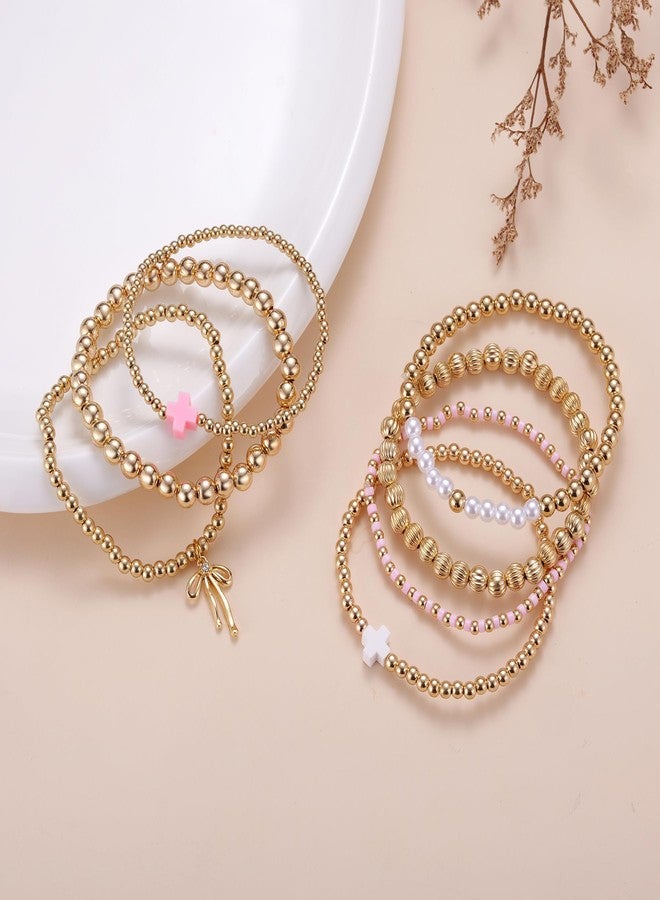 MIXJOY 7 Pcs Gold Beaded Bracelet Set for Women - Dainty Multi Strand Bracelets, Pink White Cross Layering Jewelry Gifts for Easter Basket, Stretch Boho Bracelet for Summer Beach Valentine's Day - Image 3