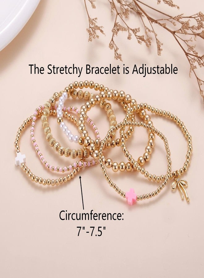 MIXJOY 7 Pcs Gold Beaded Bracelet Set for Women - Dainty Multi Strand Bracelets, Pink White Cross Layering Jewelry Gifts for Easter Basket, Stretch Boho Bracelet for Summer Beach Valentine's Day - Image 4