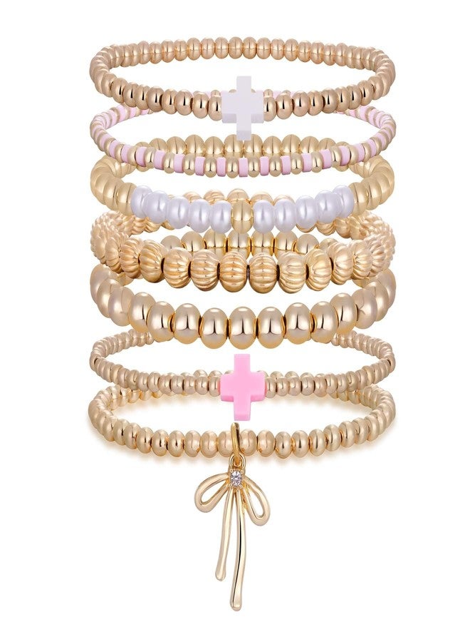 MIXJOY 7 Pcs Gold Beaded Bracelet Set for Women - Dainty Multi Strand Bracelets, Pink White Cross Layering Jewelry Gifts for Easter Basket, Stretch Boho Bracelet for Summer Beach Valentine's Day - Image 1