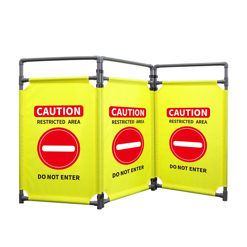 3 Panels Safety Barricade 58FT Foldable Security Sign Barrier Gate with Heavy Duty PVC Frame High Visibility Caution Symbol Crowd Control Restricted Area Pedestrian Barricade DO NOT Enter Yellow