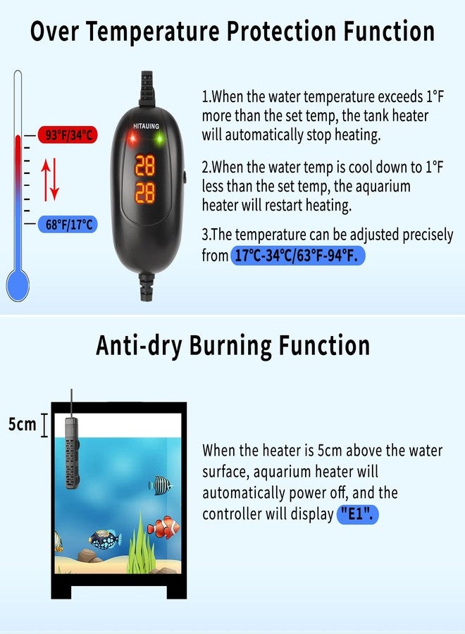 HiTauing Aquarium Heater, 50W/100W/200W/300W/500W Submersible Fish Tank Heater with Over-Temperature Protection and Automatic Power-Off When Leaving Water for Saltwater and Freshwater - Image 2