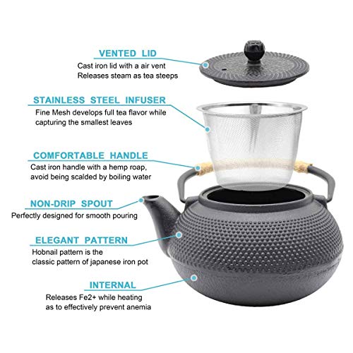 Hwagui - Large Cast Iron Teapot With Infuser For Varieties Of Loose Leaf Tea, Tea Bags, Black Tea Kettle Stovetop Safe 1200ml/41oz - Image 4