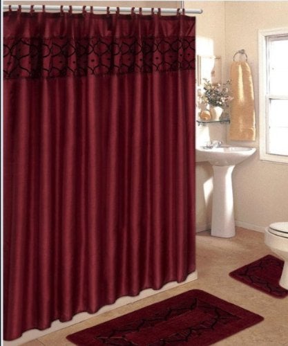 WPM 4 Piece Bathroom Rug Set/ 2 Piece Burgundy Flocking Bath Rugs with Fabric Shower Curtain and Matching Mat/Rings - Image 3