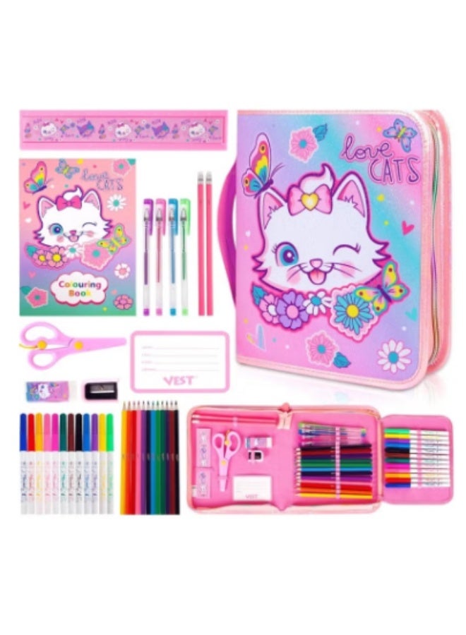 VEST Kids Painting Stationery Set 20×25×3.5cm for Children Graffiti Art Creation Painting Enlightenment Daily Writing Cute Cat Cartoon Pattern Portable Zipper Full Painting Stationery Gift Box Colored Pencils Creative Markers Pen Multicolour notebook stationery set - Image 1