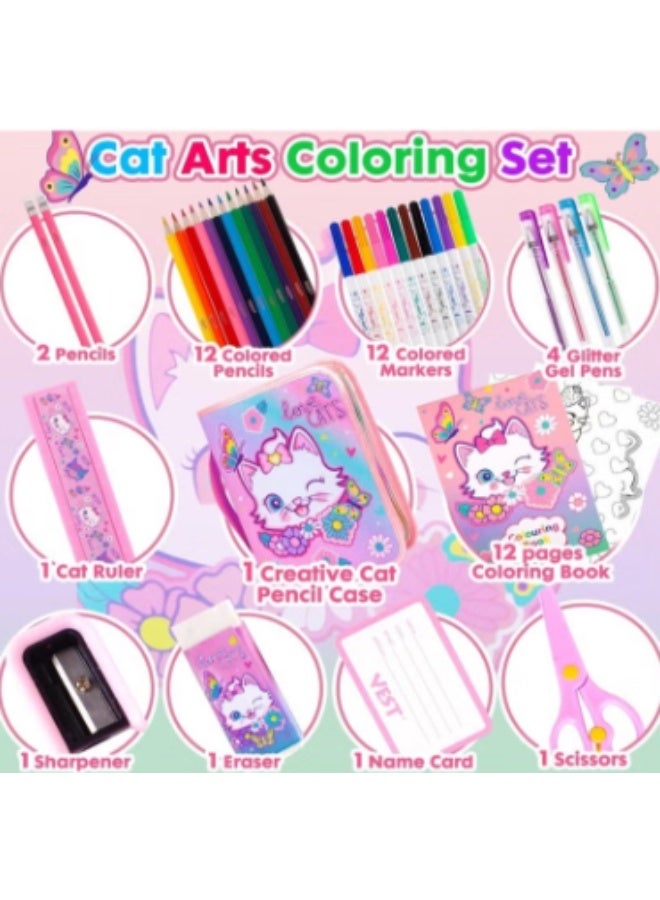 VEST Kids Painting Stationery Set 20×25×3.5cm for Children Graffiti Art Creation Painting Enlightenment Daily Writing Cute Cat Cartoon Pattern Portable Zipper Full Painting Stationery Gift Box Colored Pencils Creative Markers Pen Multicolour notebook stationery set - Image 2