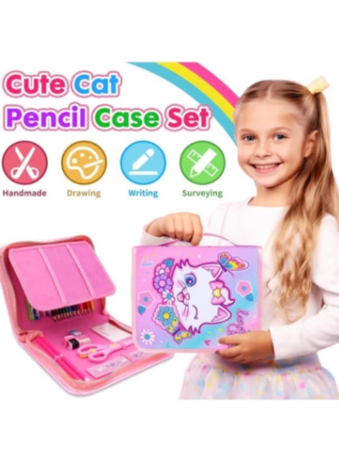 VEST Kids Painting Stationery Set 20×25×3.5cm for Children Graffiti Art Creation Painting Enlightenment Daily Writing Cute Cat Cartoon Pattern Portable Zipper Full Painting Stationery Gift Box Colored Pencils Creative Markers Pen Multicolour notebook stationery set - Image 3