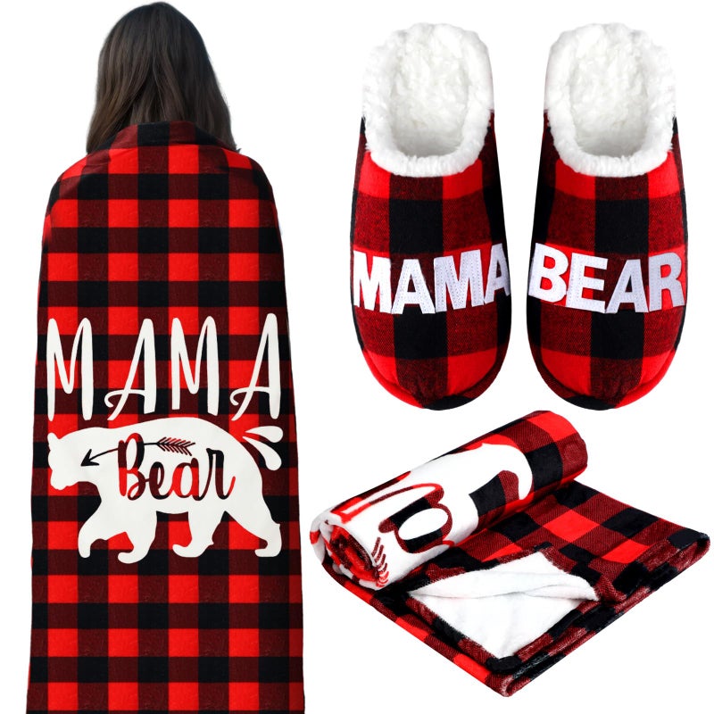 VitalCozy 2 Pcs Church Mothers Day Gifts Mama Bear Slipper Gift for Mom Administrative Assistants Appreciation Gifts Mama Bear Buffalo Plaid Blanket Appreciation Gift for Women Mom Wife - Image 2