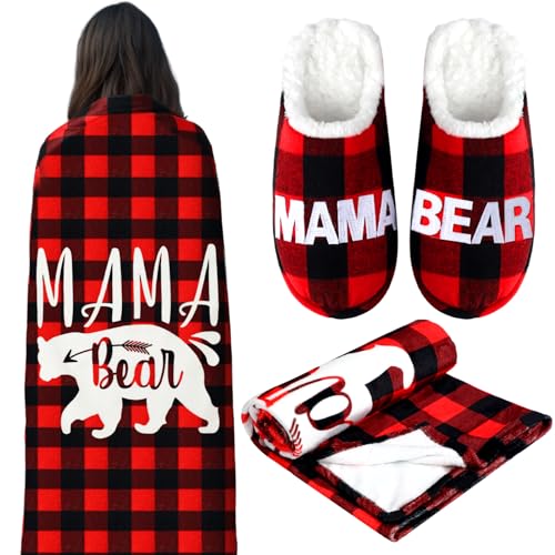 VitalCozy 2 Pcs Church Mothers Day Gifts Mama Bear Slipper Gift for Mom Administrative Assistants Appreciation Gifts Mama Bear Buffalo Plaid Blanket Appreciation Gift for Women Mom Wife - Image 1