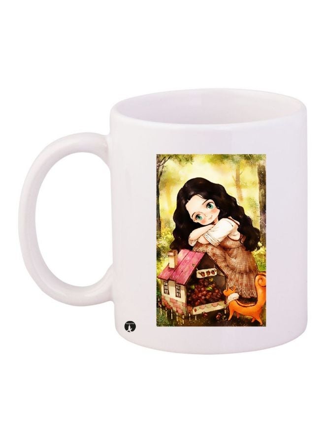 RYN Cartoon Girl Printed Ceramic Coffee Mug White/Beige/Brown 11ounce