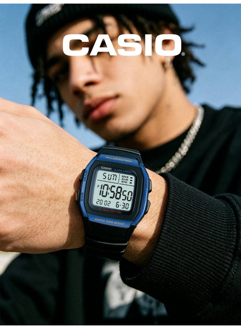 Casio Unisex Retro Digital Square Sports Watch, Large Clear LCD Screen, Matte Black Wave Resin Strap, Dual Time & LED Backlight, 5ATM Water Resistant W-96H-2A - Image 1
