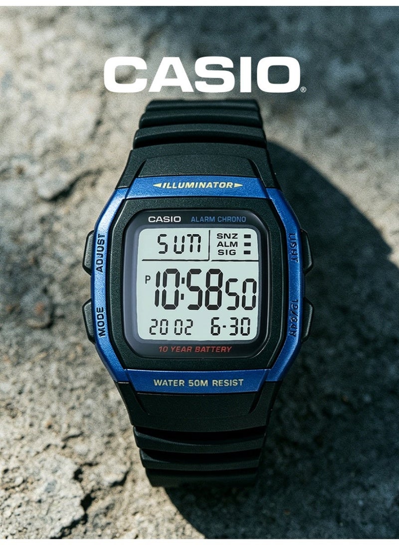 Casio Unisex Retro Digital Square Sports Watch, Large Clear LCD Screen, Matte Black Wave Resin Strap, Dual Time & LED Backlight, 5ATM Water Resistant W-96H-2A - Image 2