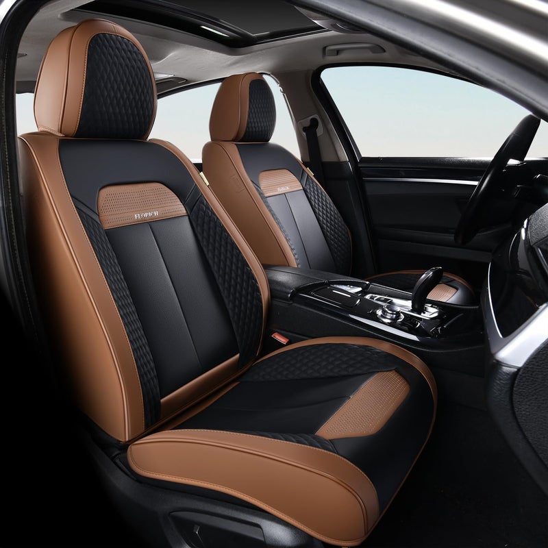 FLORICH Leather Car Seat Covers Full Set, Breathable Waterproof Nappa Leather Seat Covers, Gary Seat Covers, Automotive Interior Cover Universal for Cars SUV Truck Sedan - Coffee - Image 2